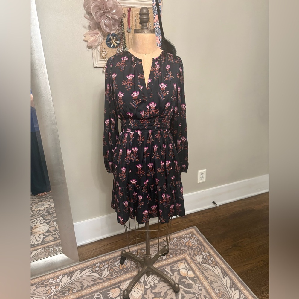 Anthropologie Black and Pink Floral Long Sleeve Somerset Dress